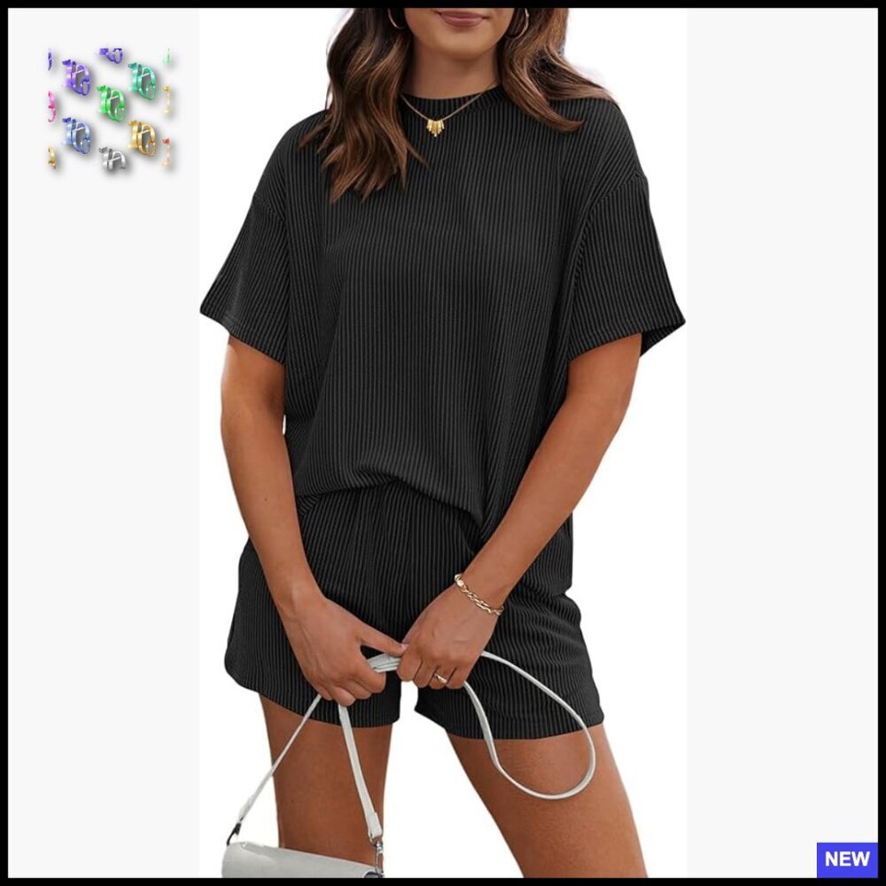 Oversized Ribbed Knit Lounge Set Short Sleeve Top Matching Shorts Two Piece
